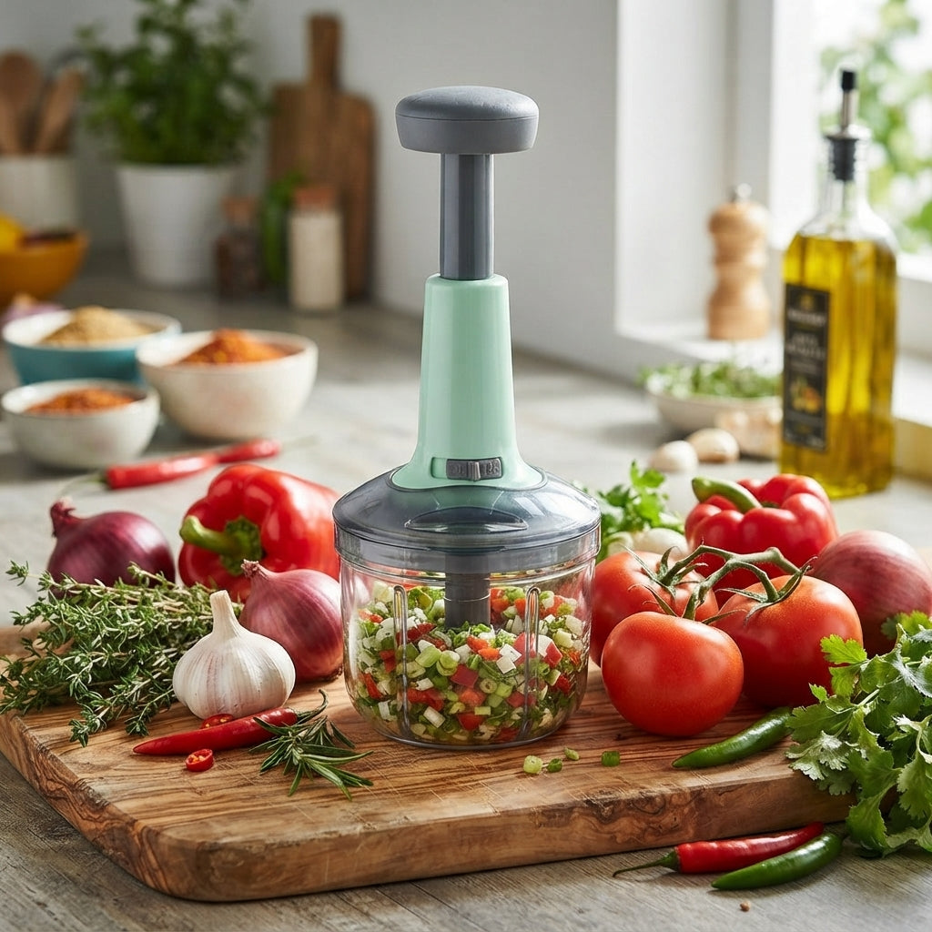 Manual Press Food Chopper – 1.5L Quick Vegetable & Fruit Cutter