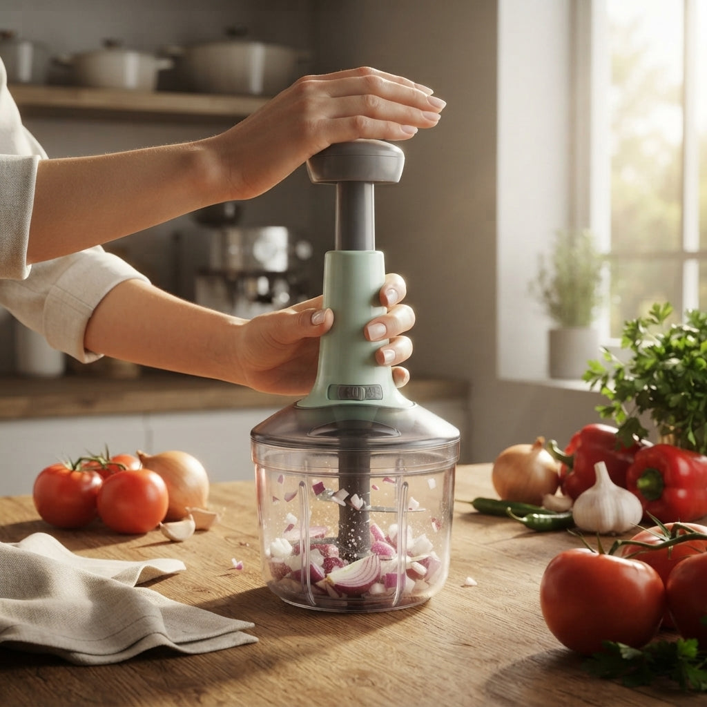 Manual Press Food Chopper – 1.5L Quick Vegetable & Fruit Cutter